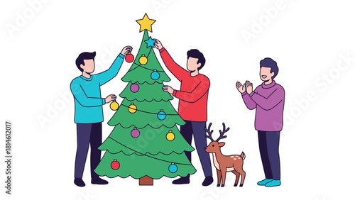 Festive Assembly: Three individuals collaborate, adorning a coniferous tree with festive ornaments, evoking a sense of communal cheer and the warmth of the holiday season.