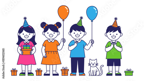 Joyful Gathering: A vibrant illustration depicts a group of children, adorned with festive hats and balloons, gathered together to celebrate a special occasion.