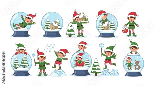 Magical Christmas Elves: Whimsical illustrations depict festive elves frolicking inside glass snow globes. Each globe presents a unique winter scene, showcasing the elves' cheerful holiday spirit. 