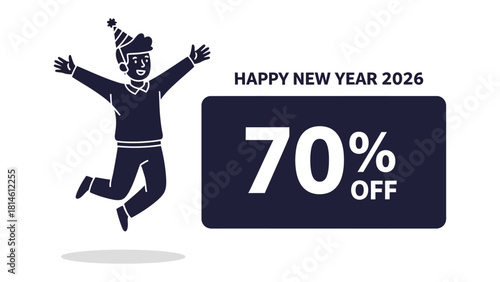 New Year Discount: A joyous illustration showcases a spirited individual celebrating the New Year, accompanied by a prominent banner highlighting a significant 70% discount.