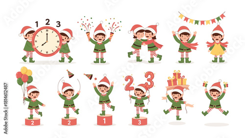 Christmas Elves at Work and Play: A delightful collection of playful elves, each captured in unique activities, from carrying a festive clock to joyfully embracing.