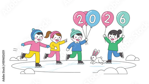 Joyful New Year Celebration: Children enthusiastically ice skate, clutching vibrant balloons that spell out the year 2026, radiating happiness, and fun with a bunny friend.