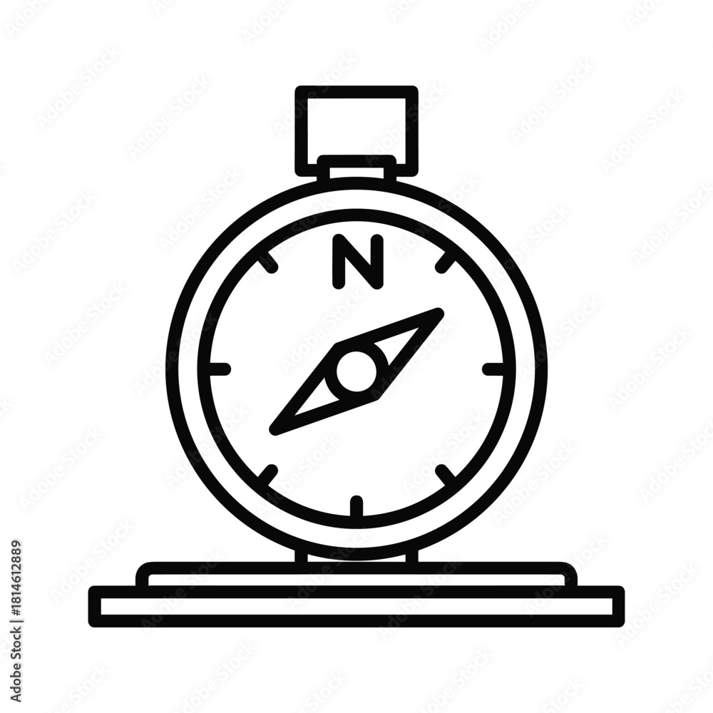 Obraz premium Simple black and white line icon of a compass showing north direction, isolated on