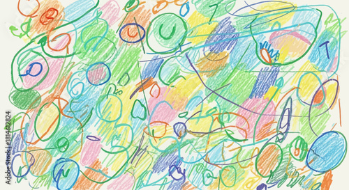 Vibrant and playful crayon drawing with colorful scribbles on white paper evokes youthful creativity