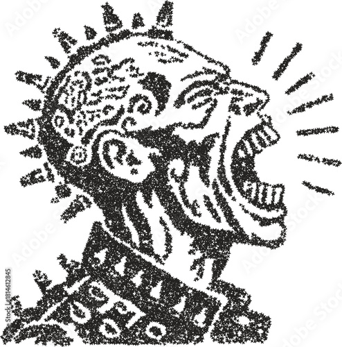 Screaming punk rocker with mohawk, stipple vector illustration for concert poster, rebellion theme and underground music merchandise design

