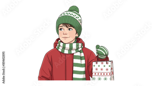 Festive Gift Bearer: A young individual, warmly bundled in winter attire, cradles a holiday gift, radiating a sense of anticipation and the spirit of giving.