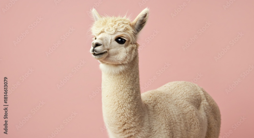Obraz premium Cute alpaca standing on a magenta background looking directly at the camera, promoting a charming, friendly and lovely concept.
