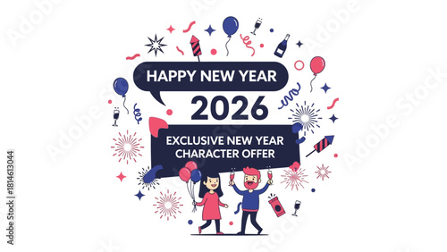 New Year Celebration 2026: An illustration captures the excitement of the new year with a dynamic festive composition, featuring a banner with New Year's offer, and other celebratory elements.