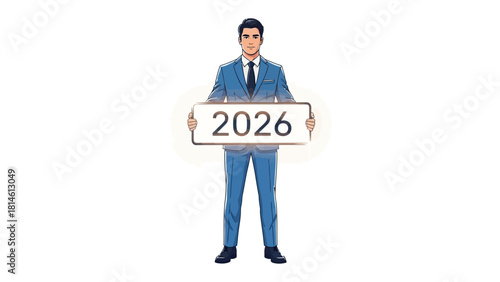The Future Forecast: A smartly dressed man confidently holds a sign bearing the year 2026, offering a glimpse into the future.