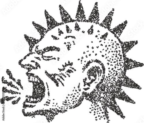 Screaming punk head profile with mohawk and studded collar in gritty stipple dotwork style
