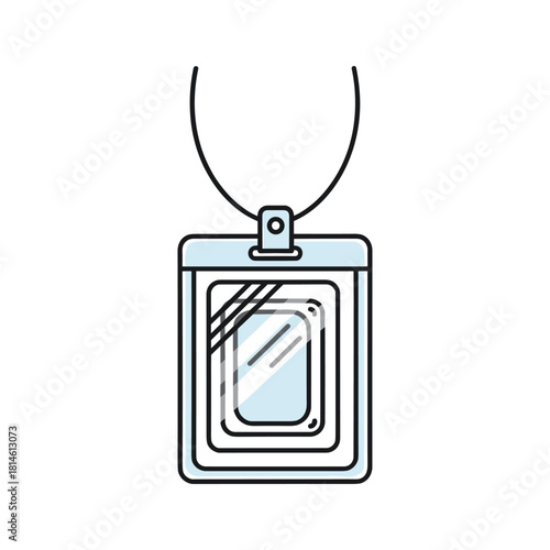 Simple line art illustration of an id card holder with a lanyard, isolated on