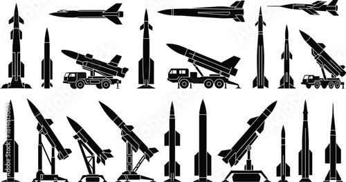 Missile icons silhouette, rocket launchers, black symbols, military weapons, defense technology, cruise missiles, aerospace gear, war tools, tactical systems
