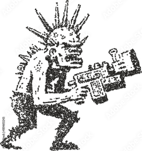 Skeleton punk with mohawk holding a futuristic ray gun in gritty stipple dotwork style
