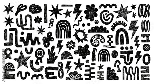 Playful doodle pattern with hand drawn stars, rainbows, and lightning bolts for vibrant kids designs