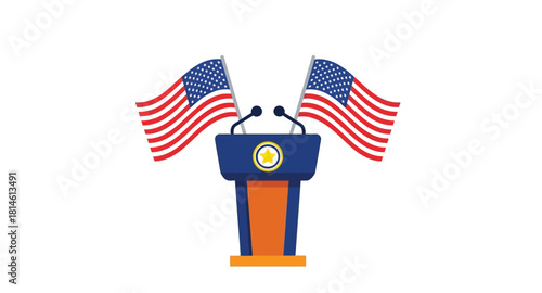 Podium with microphones flanked by two American flags, symbolizing speech or political event.