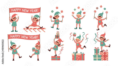 Festive Elf Celebrations: A cheerful collection of illustrated elves in a holiday scene, featuring joyful antics with banners, gifts, and a general atmosphere of celebratory bliss.