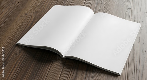 Open blank magazine or brochure with white pages on a rustic wooden table, perfect for mockup designs
