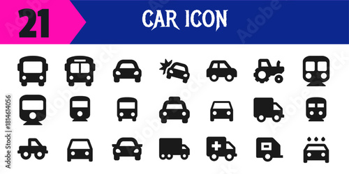 Collection of black vehicle icons on a white background with text and number Keywords: car, bus, train, tractor