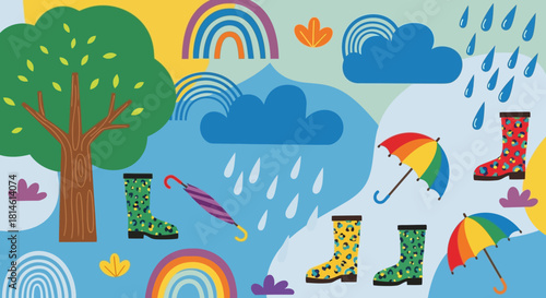 Happy rainy day scene with rainbows, colorful umbrellas, and whimsical rain boots pattern design