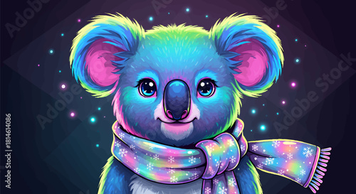 Colorful Koala with Scarf Whimsical Animal Portrait with Bright Neon Hues and Sparkling Accents