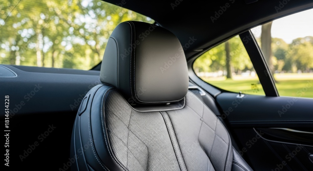 Obraz premium Detailed view of a premium car interior, showcasing the elegant leather headrest and diamond-quilted stitching on the seat, bathed in natural light through the window, emphasizing luxury and comfort