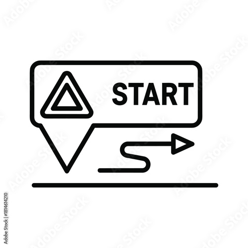 Black and white line icon representing a start point with a warning triangle and an arrow indicating direction on a