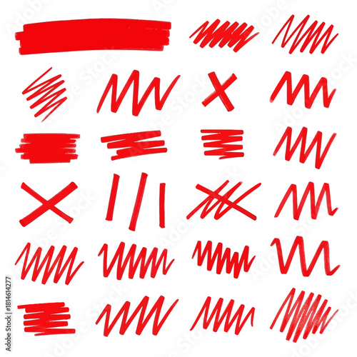 Bold red marker strokes and scribbles for attention grabbing design elements and emphasis, vector set