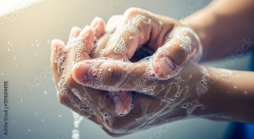 Person washing hands with soap and water. Personal hygiene and healthcare concept. Coronavirus prevention and cleanliness for healthy living.