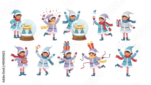 Winter Cheer and Festive Frolic: A whimsical collection of children, donned in winter attire, joyfully engaged in playful winter activities, spreading warmth and good cheer.