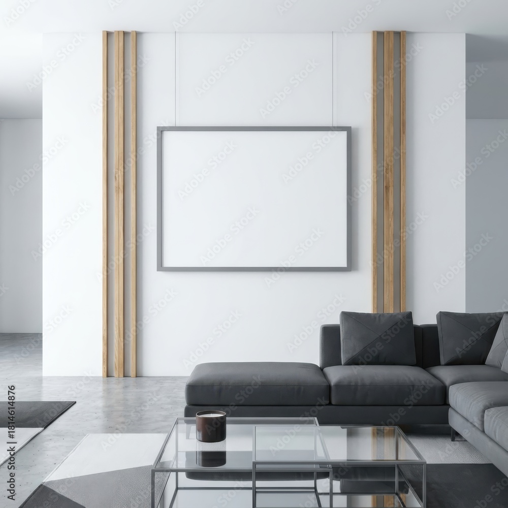 Fototapeta premium Horizontal canvas frame mockup, stylish living room wall background, modern decor, 3D render