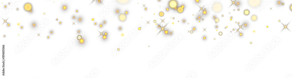 Fototapeta premium Golden glowing bokeh particles and sparkling stars on white background. 