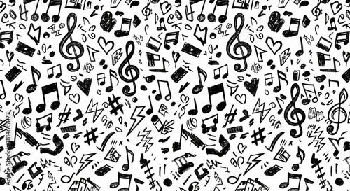 Playful musical doodles create a vibrant, hand-drawn pattern perfect for creative arts and music projects