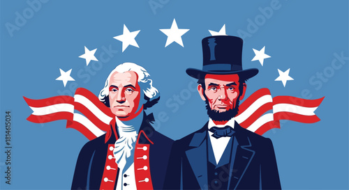 Illustration featuring portraits of George Washington and Abraham Lincoln, with patriotic symbols.