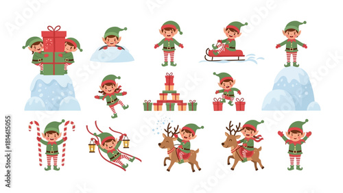 Joyful Christmas Elf Characters in Festive Scenes: A collection of cheerful elf characters engaged in various activities, embodying the spirit of the Christmas season.