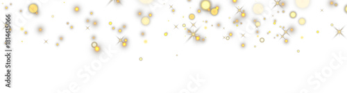 Golden glowing bokeh particles and sparkling stars on white background.
