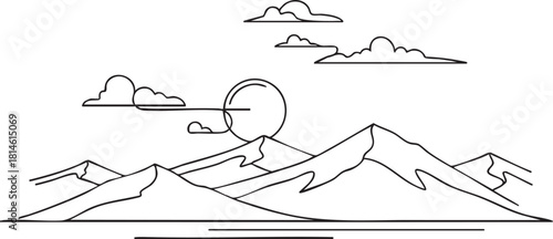 Minimalist line art illustration of majestic mountains, sun, and clouds landscape isolated on transparent background