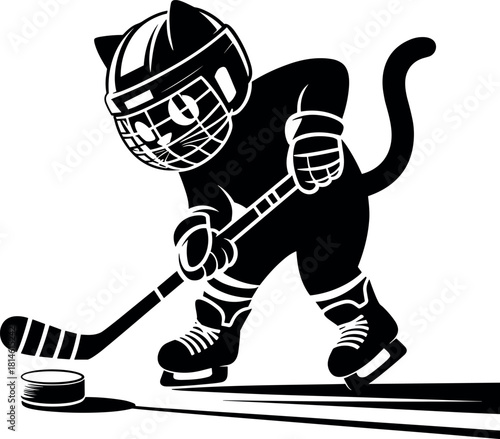 Black cat playing ice hockey with puck and stick vector