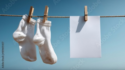 White socks and a blank sheet of paper are hanging on a clothesline with wooden clothespins against a clear blue sky, creating a simple yet evocative scene