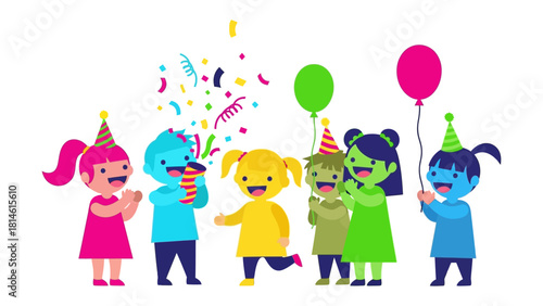Joyful Party: A group of excited kids is celebrating with colorful confetti and balloons, radiating happiness and youthful energy. 
