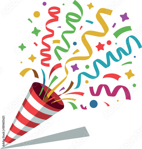Red and white striped party popper exploding colorful confetti
