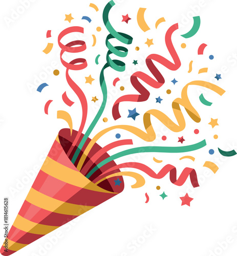 Red and yellow striped party popper exploding with colorful confetti and streamers