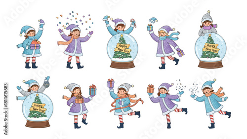 Joyful Festive Scenes: A collection of hand-drawn illustrations features a cheerful child interacting with festive elements, perfect for holiday greetings and seasonal designs.