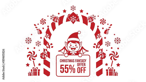Christmas Fantasy Offer: A festive graphic design of a smiling cartoon elf holding a sign, surrounded by decorative elements and announcing a Christmas offer.