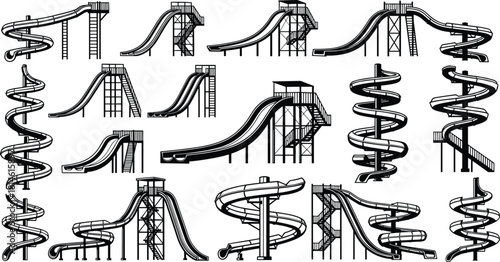 Water slide icons, amusement park, black silhouette, spiral slide, tube slide, ladder structure, summer fun, recreation design, thrill ride, attraction