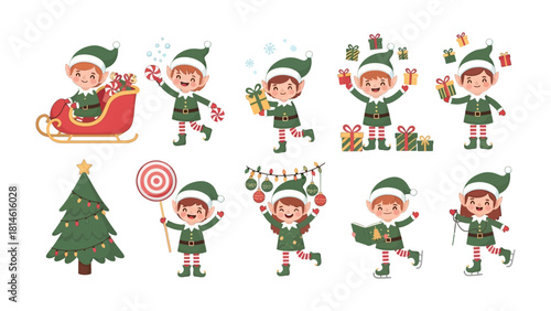 Festive Elves in Winter Wonderland: Delightful elves are celebrating, their joyful spirits illuminating the crisp winter air amidst a charming Christmas tree and presents. 
