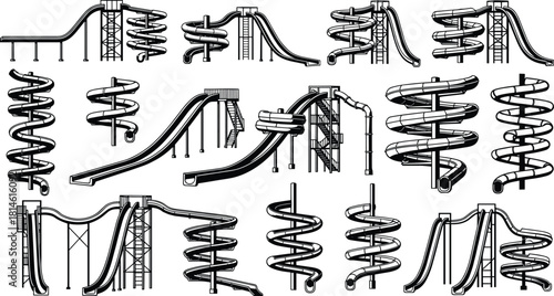 Water slide icons, amusement park, black silhouette, spiral slide, tube slide, multi-lane slide, fun ride, summer attraction, recreation design