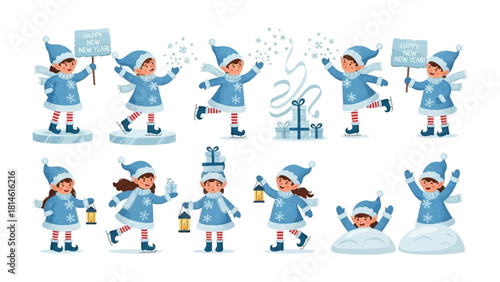 Enchanting Winter Elves: A whimsical collection of adorable winter elves, exuding festive cheer with a variety of winter-themed elements.