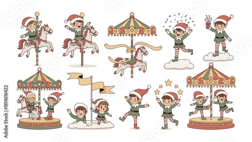 Christmas Carousel Elves: A whimsical illustration showcases adorable elves in Christmas hats, joyfully interacting with a festive carousel, radiating the holiday spirit and festive charm.
