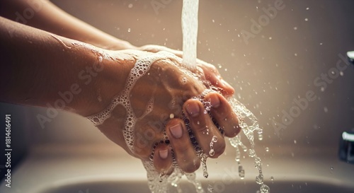 Woman washing hands under running water with soap. Hygiene and sanitation concept for health, cleanliness, and disease prevention.