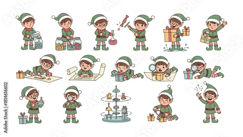 Holiday Elves: Set of joyful elves busy with festive activities, preparing for the holiday season with gift-wrapping, inspecting presents, and arranging decorations, conveying the spirit of Christmas.